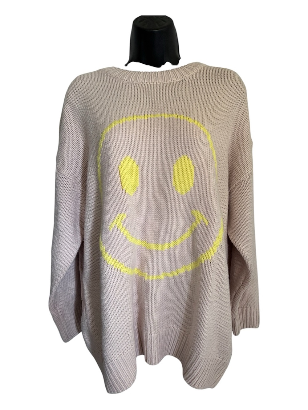Beige Smiley Face Chunky Knit Skater Sweater Oversized Pullover M/L